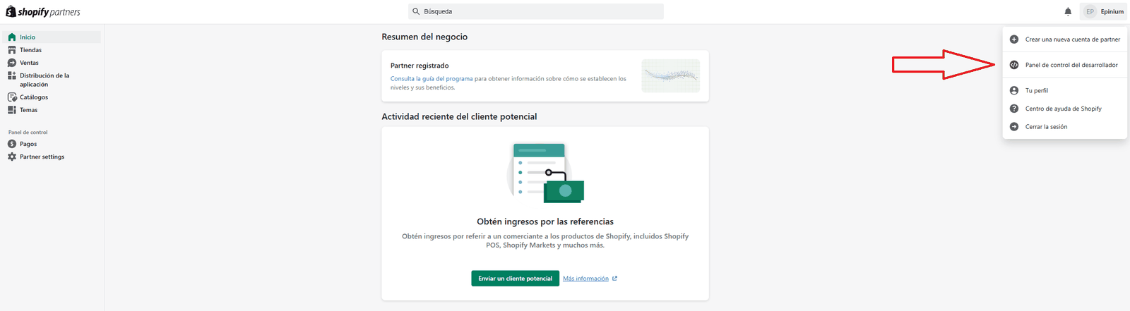 Menu dell'account in Shopify Partners con l'opzione Dev Dashboard evidenziata