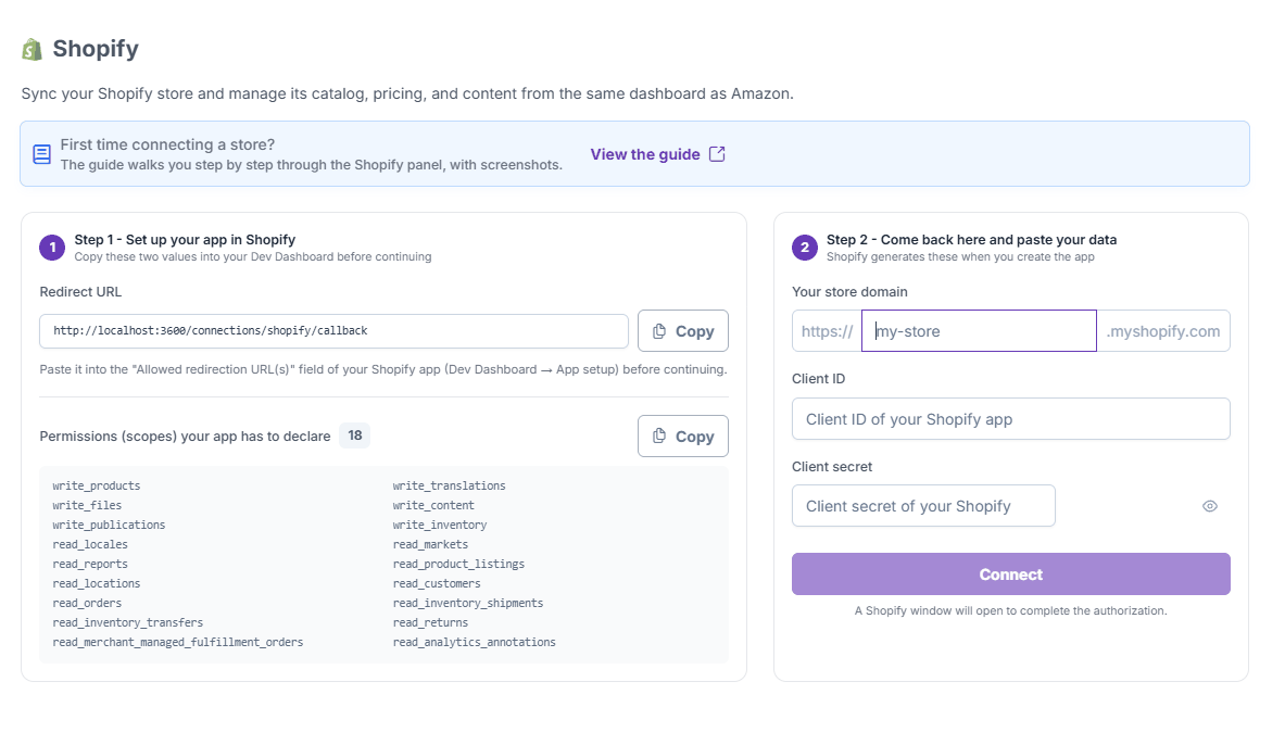 Modulo di connessione Shopify in Epinium: a sinistra l'URL di reindirizzamento e l'elenco dei permessi; a destra i campi dominio, Client ID e Client secret, e il pulsante Connetti