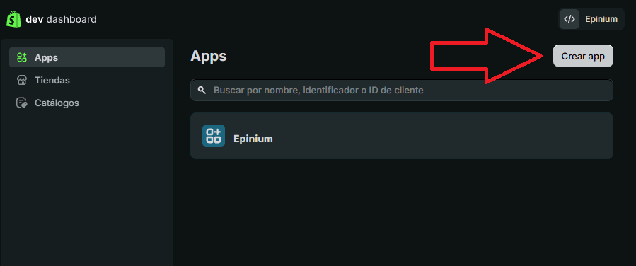 Sezione Apps del Dev Dashboard con il pulsante Crea app evidenziato