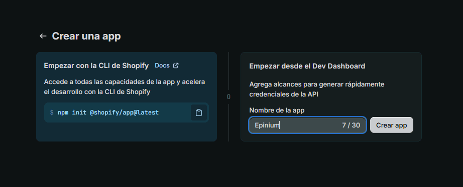 Schermata Crea un'app con il modulo Inizia dal Dev Dashboard