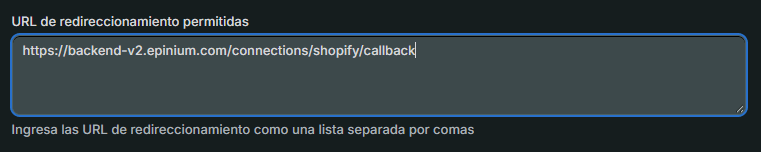 Campo Allowed redirection URL(s) con l'URL di Epinium incollato